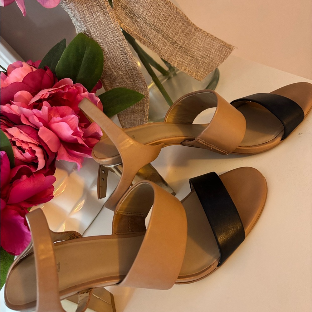 Ann Taylor Tan and Black Block Heel Sandals